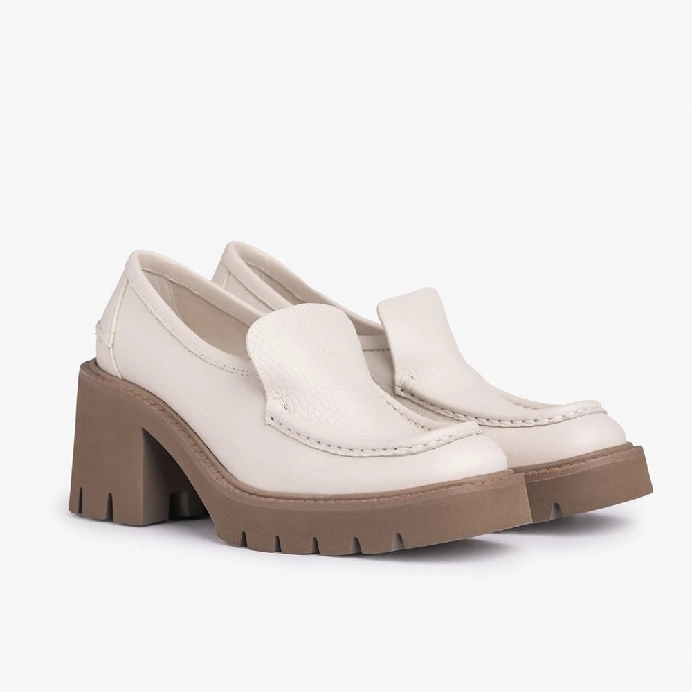 Pedro Garcia Cream Leather Chunky Heel Loafers with Brown Sole